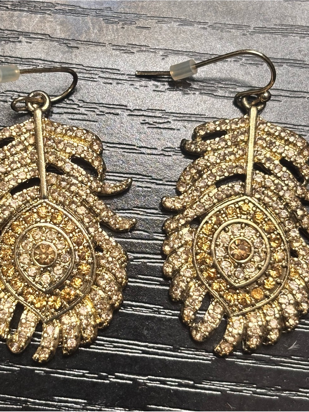 Shimmering Gold Crystal Feather Drop Earrings - Women Jewelry